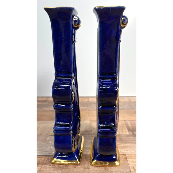 2 Vintage Cobalt Blue & Gold Violin Shaped Ceramic Wall Pockets Decorative - Picture 3 of 5